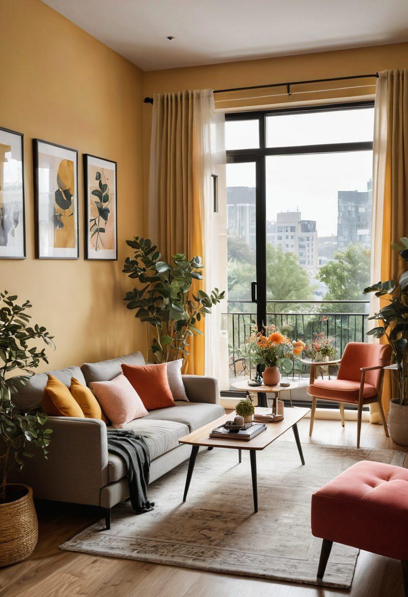 A warm, inviting scene featuring a couple exploring a variety of home styles, from a cute, cozy studio filled with soft lighting and plush furnishings to a sleek, luxurious flat with modern decor and panoramic views. Include elements like a balcony with greenery and a comfortable sofa to illustrate comfort and romance. Use a color palette of soft, warm tones with splashes of vibrant colors to evoke a sense of excitement and belonging. super-realistic. vibrant colors. cozy atmosphere.