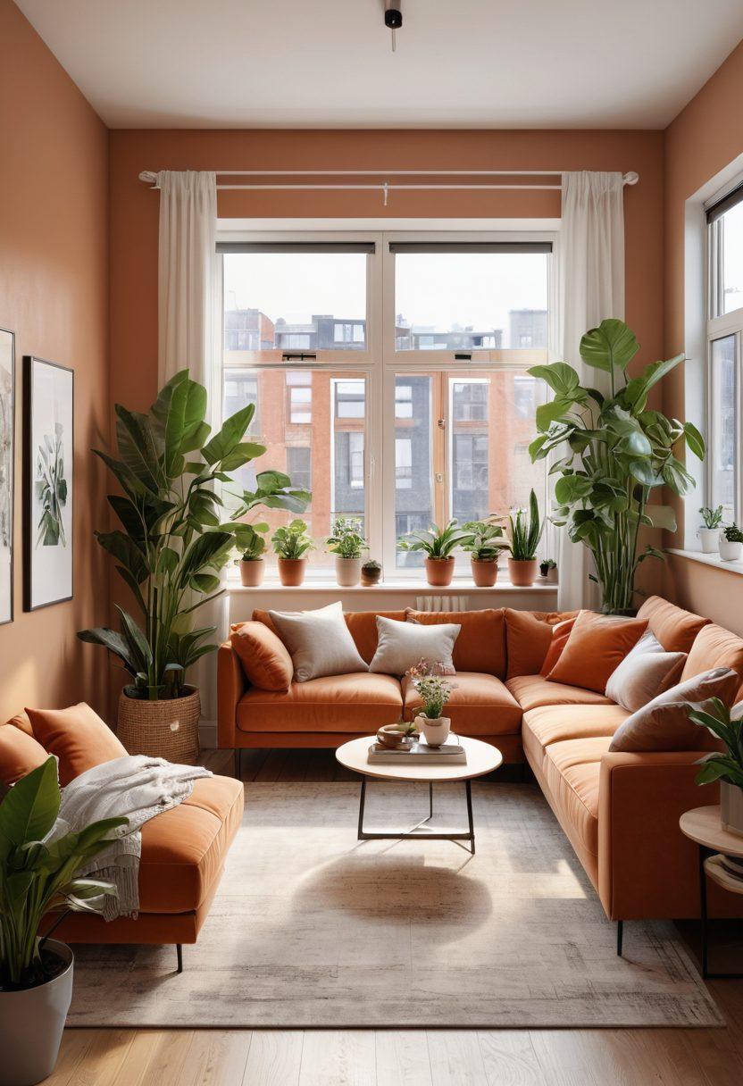 A cozy, modern apartment interior designed for couples, featuring a stylish living area with a plush sofa, tasteful decor, and natural light streaming through large windows. Include a couple looking at a rental agreement, surrounded by houseplants and decorative items. The atmosphere should feel welcoming and romantic, conveying warmth and comfort. super-realistic. warm colors. bright lighting.