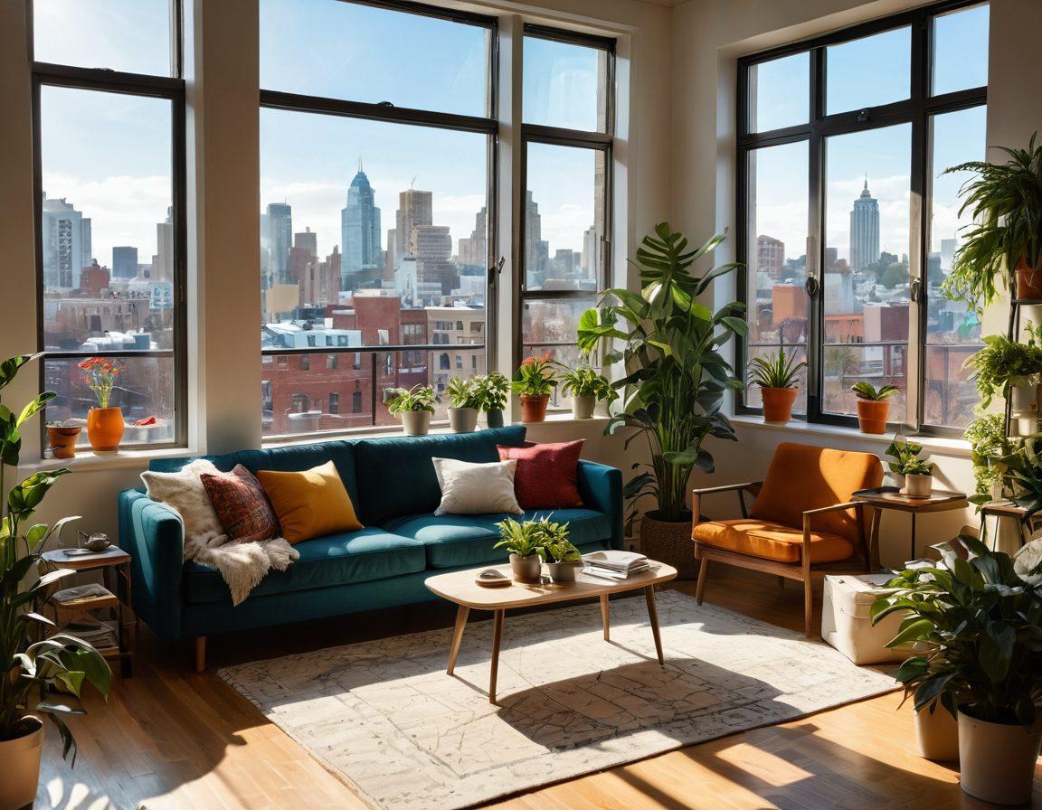 A cozy and inviting apartment interior, with a couple happily exploring their new space, surrounded by boxes and houseplants. Sunlight streams through large windows, highlighting vibrant decor and modern furniture. A map of a city in the background symbolizes the rental market exploration. The scene conveys warmth and excitement for new beginnings. super-realistic. vibrant colors. warm lighting.